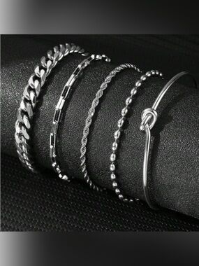 Silver Plated Stainless Steel 5pc Bracelet & Cuff Set